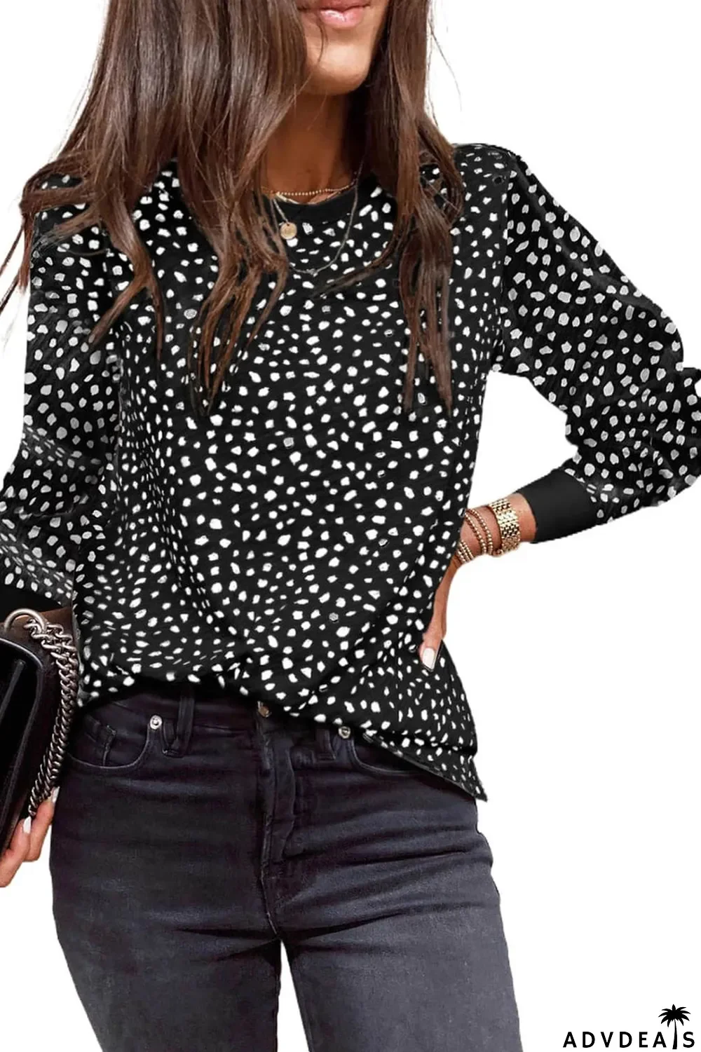 Black Animal Spotted Print Round Neck Long Sleeve Top