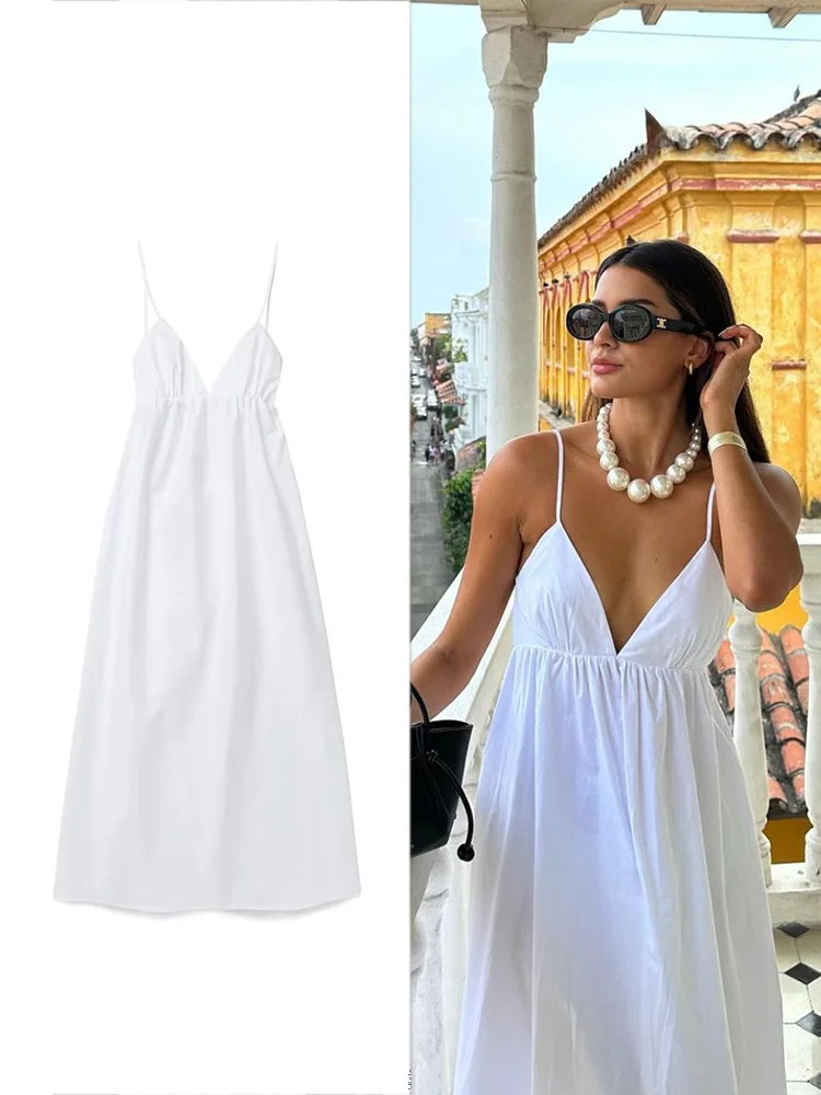 Women's White Elegant Halter Pure V Neck Sexy Backless Spaghetti Strap Long Beach Holiday Casual Party Maxi Dresses