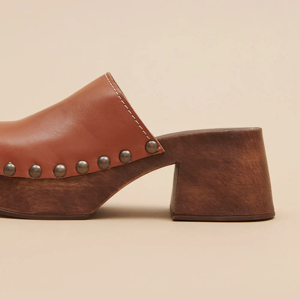 Brown Round Toe Chunky Heel Platform Studded Women's Mules Shoes