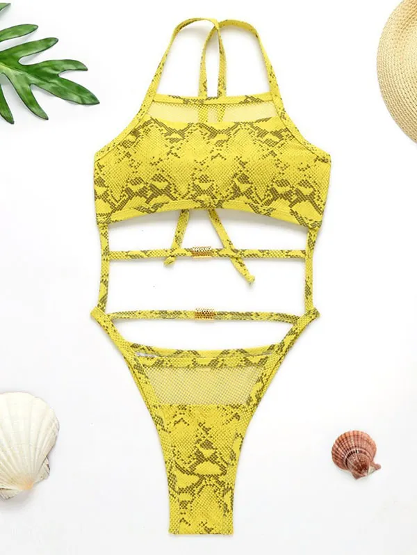 Sexy Snake-Print Bandage Hollow One-Piece Swimwear 