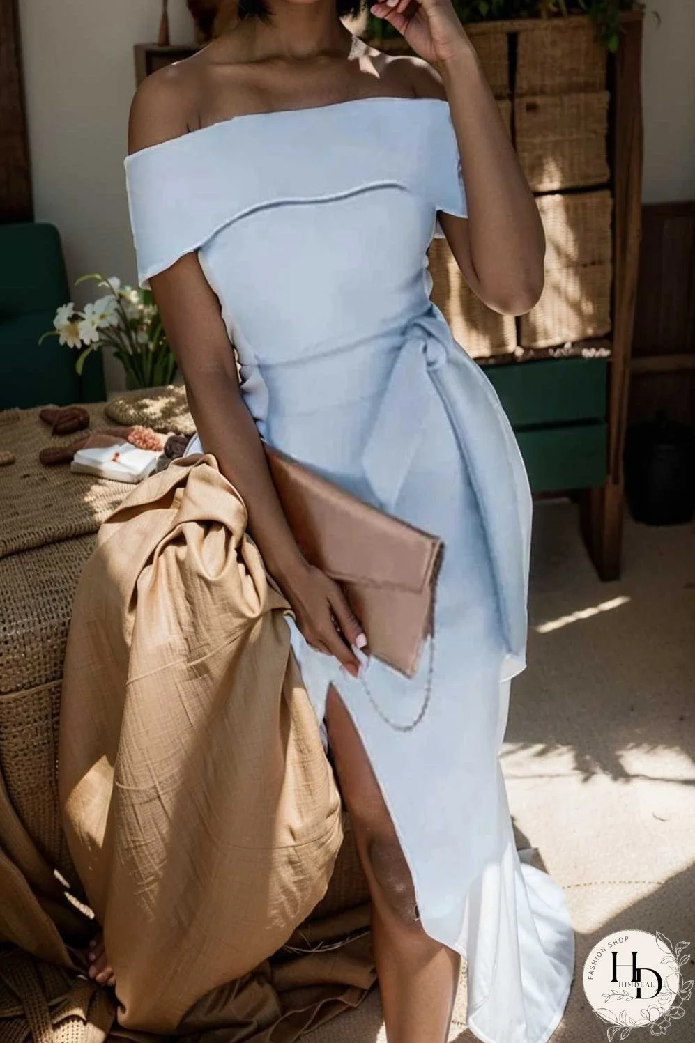 elegant off shoulder midi party dress for women