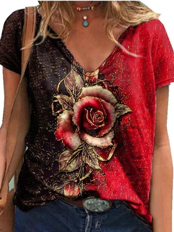 Women's V-neck Short Sleeve Floral Printed Tops