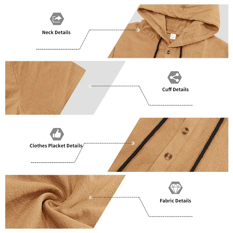 Men’s Summer Short Sleeve Shirt Set Lightweight Premium Linen Hooded Shirt & Loose Straight-Leg Pants Set