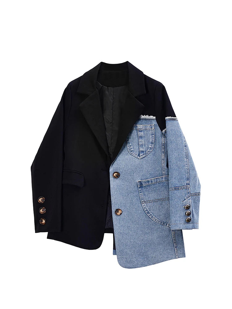 Aiertu Women Vintage Fashion Blazer Denim Patchwork Jackets Autumn Winter Irregular Coat Women Long Sleeve Loose Korean Outerwear Aiertu
