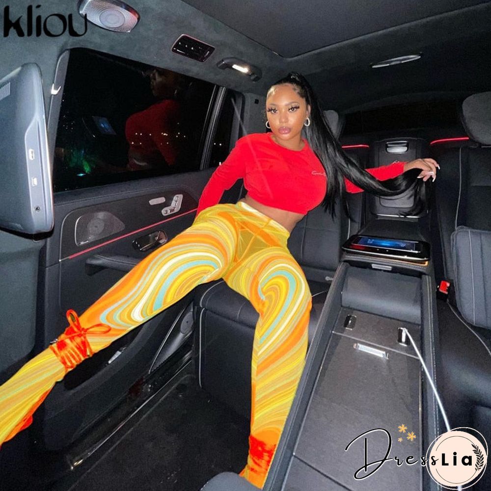 Kliou Mesh Print Foot Pants Women Medium Waist Skinny Body-Shaping Leggings Fashion Sexy High Street Female Trousers Hot