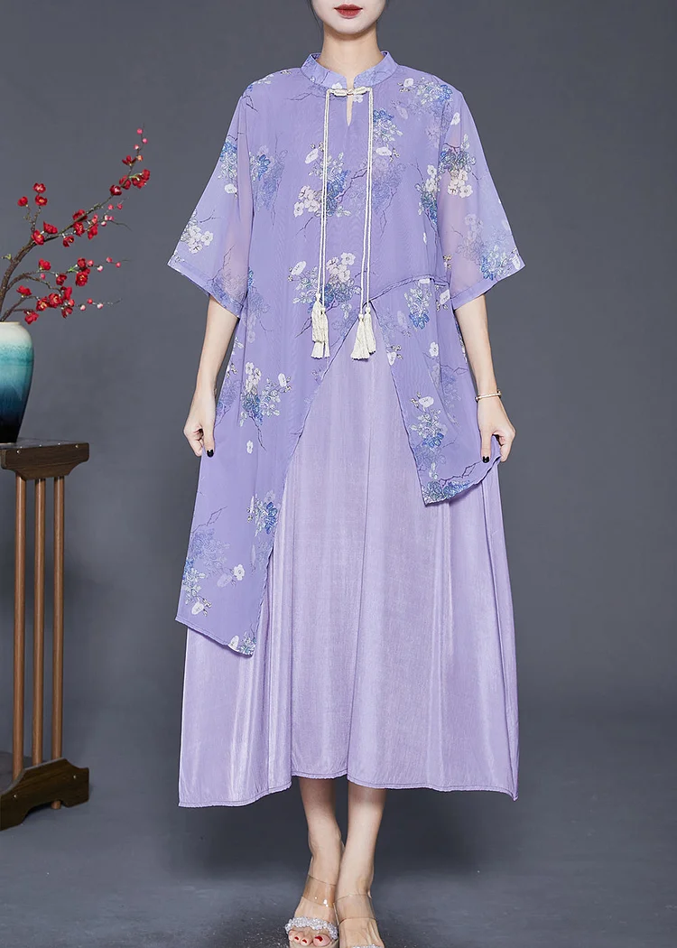 Art Purple Asymmetrical Patchwork Silk Chinese Style Dress Summer