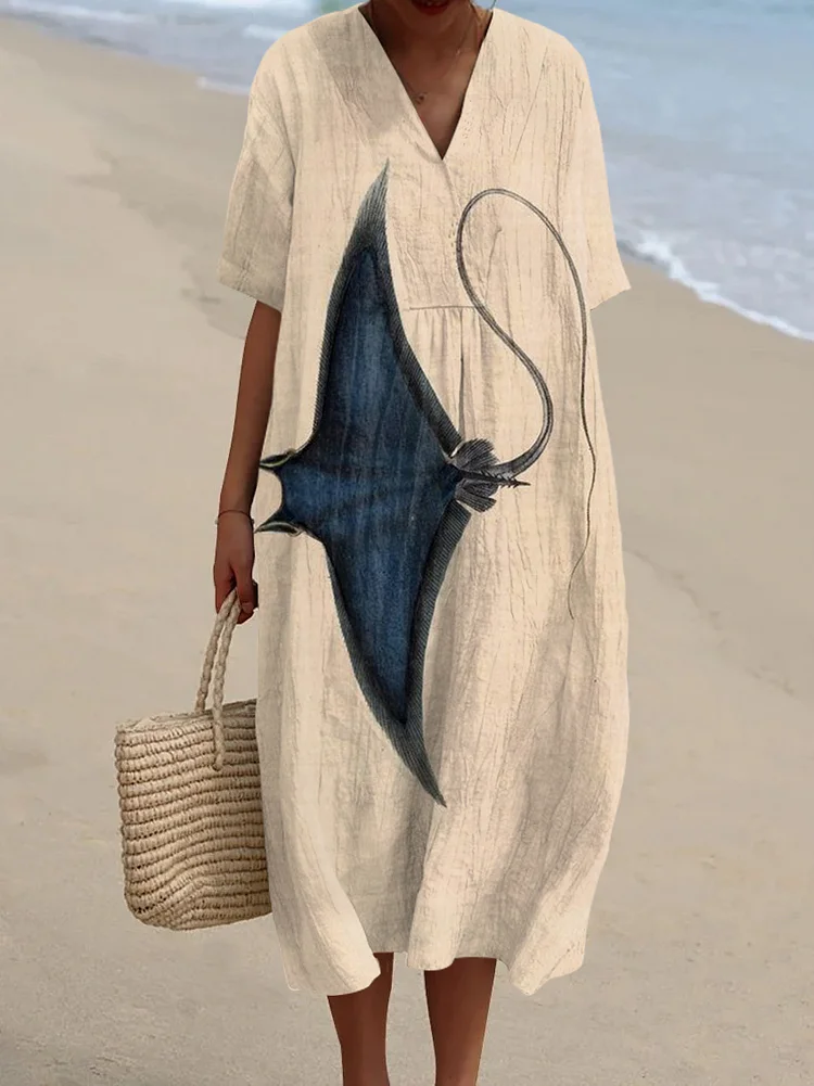 Ocean Manta Ray Casual V-Neck Midi Dress