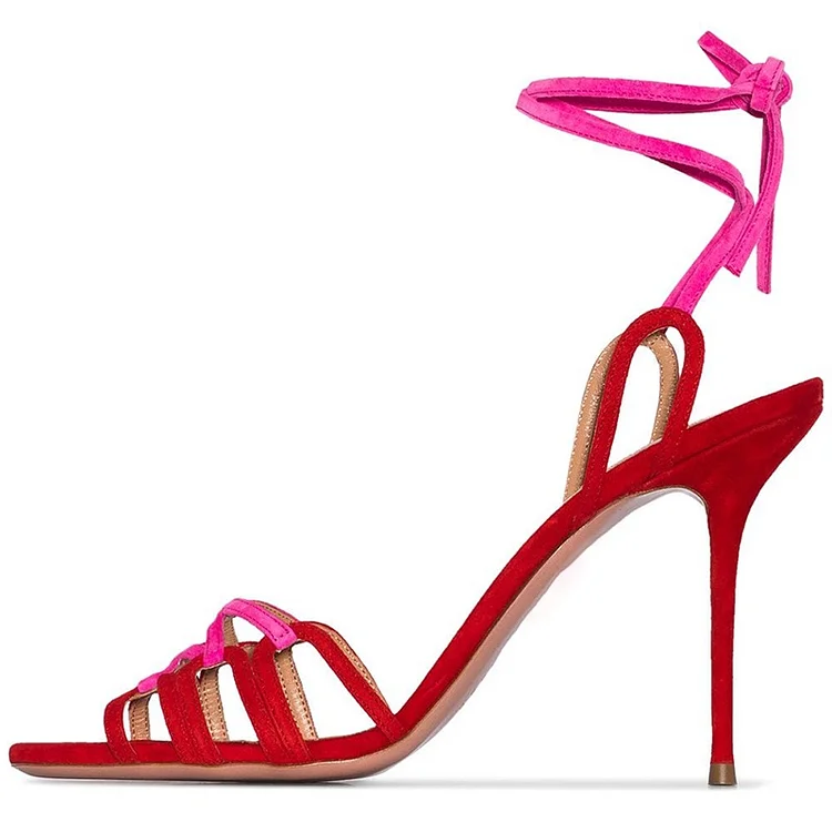 Red and Fuchsia Strappy Sandals Open Toe Stiletto Heel Sandals Vdcoo