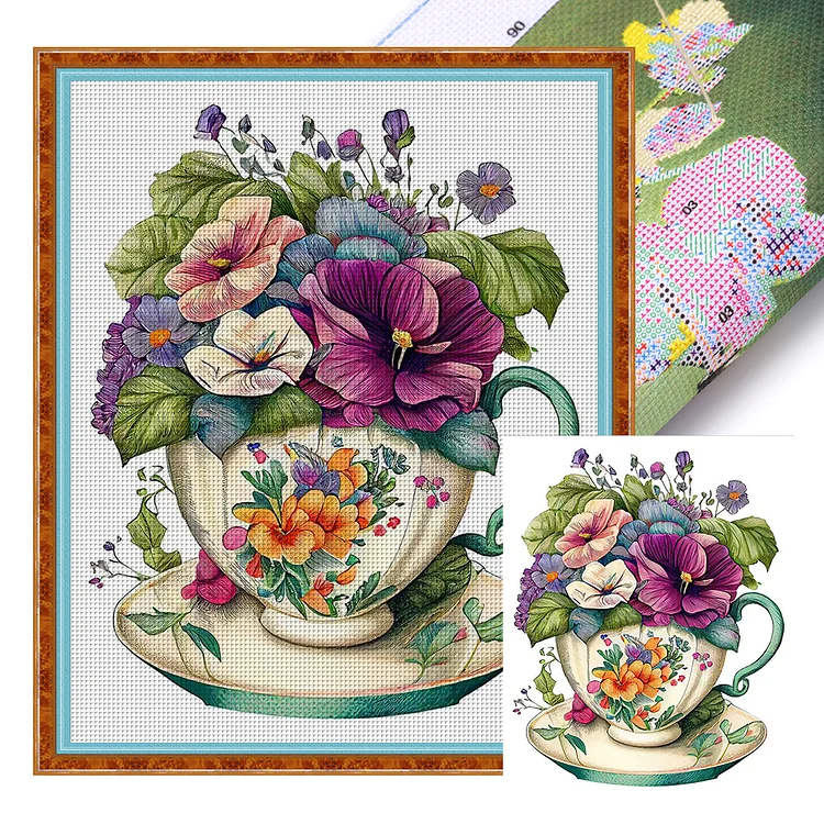『HuaCan』Flowers in a Teacup  - 18CT Stamped Cross Stitch(20*25cm)