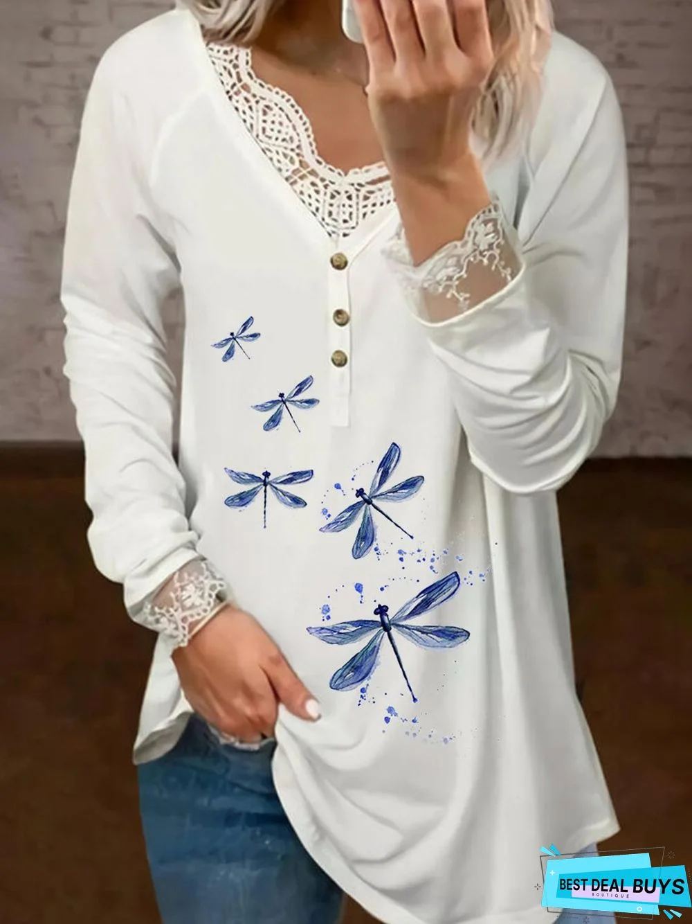 Loose V Neck Cotton Dragonfly Tunic Top