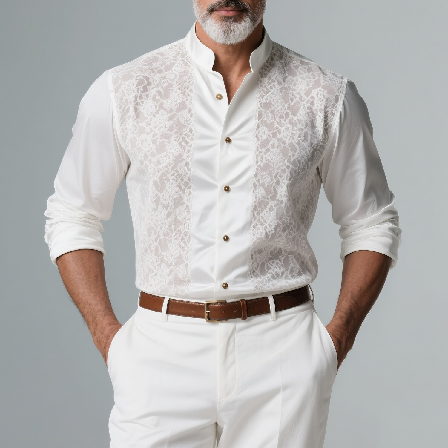 Men's Stand Collar Lace Patchwork Button Long Sleeve Shirt