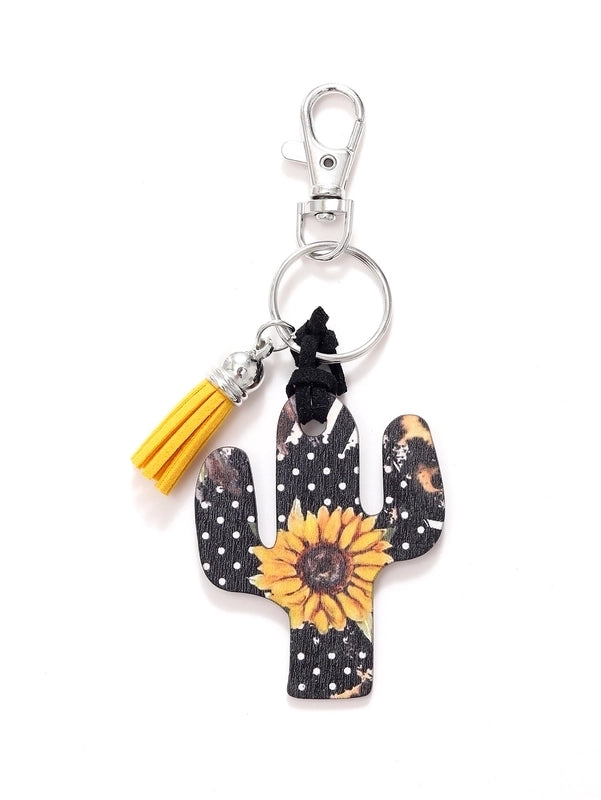 Classic Style Commute Cactus Printing Wood Bag Pendant Keychain