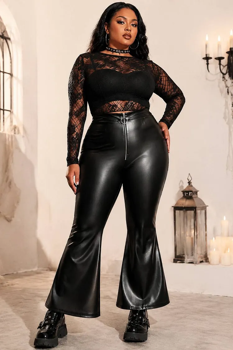 Xpluswear Design Plus Size Halloween Costume Gothic High Waist Zipper PU Leather Black Flared Pants（Ships 24h） 2024 - Xpluswear