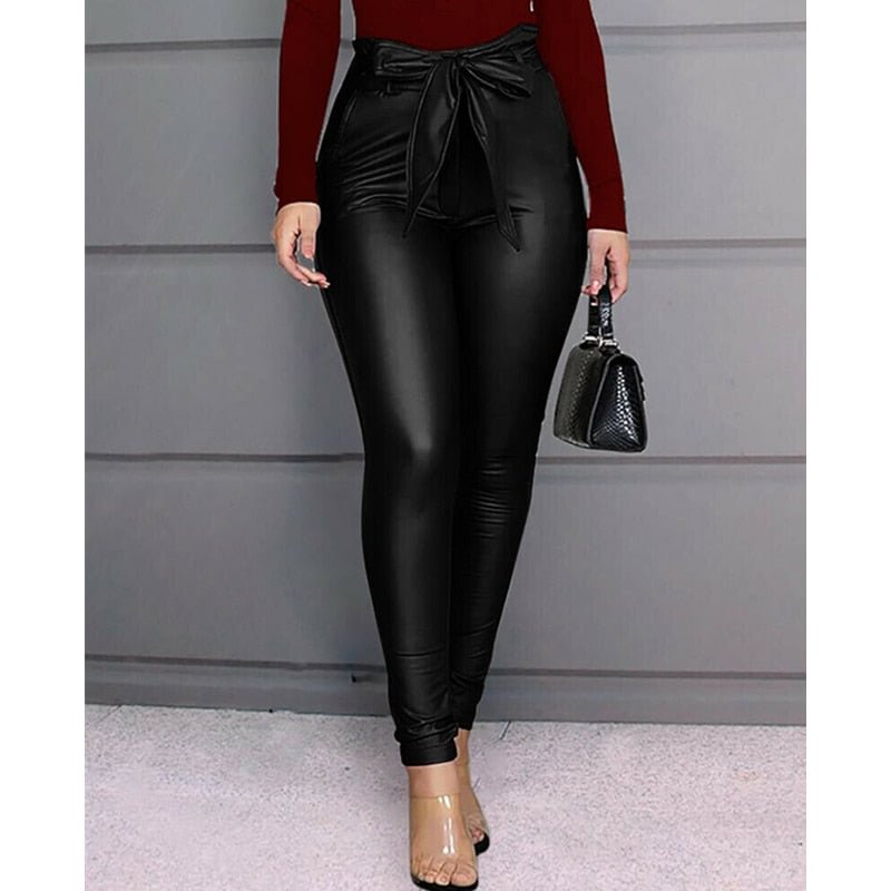 Women's Pants New Fashion Snakeskin Print Leggings PU Leather Pants Stretchy Skinny Pencil Trousers Belt High Waisted Trousers