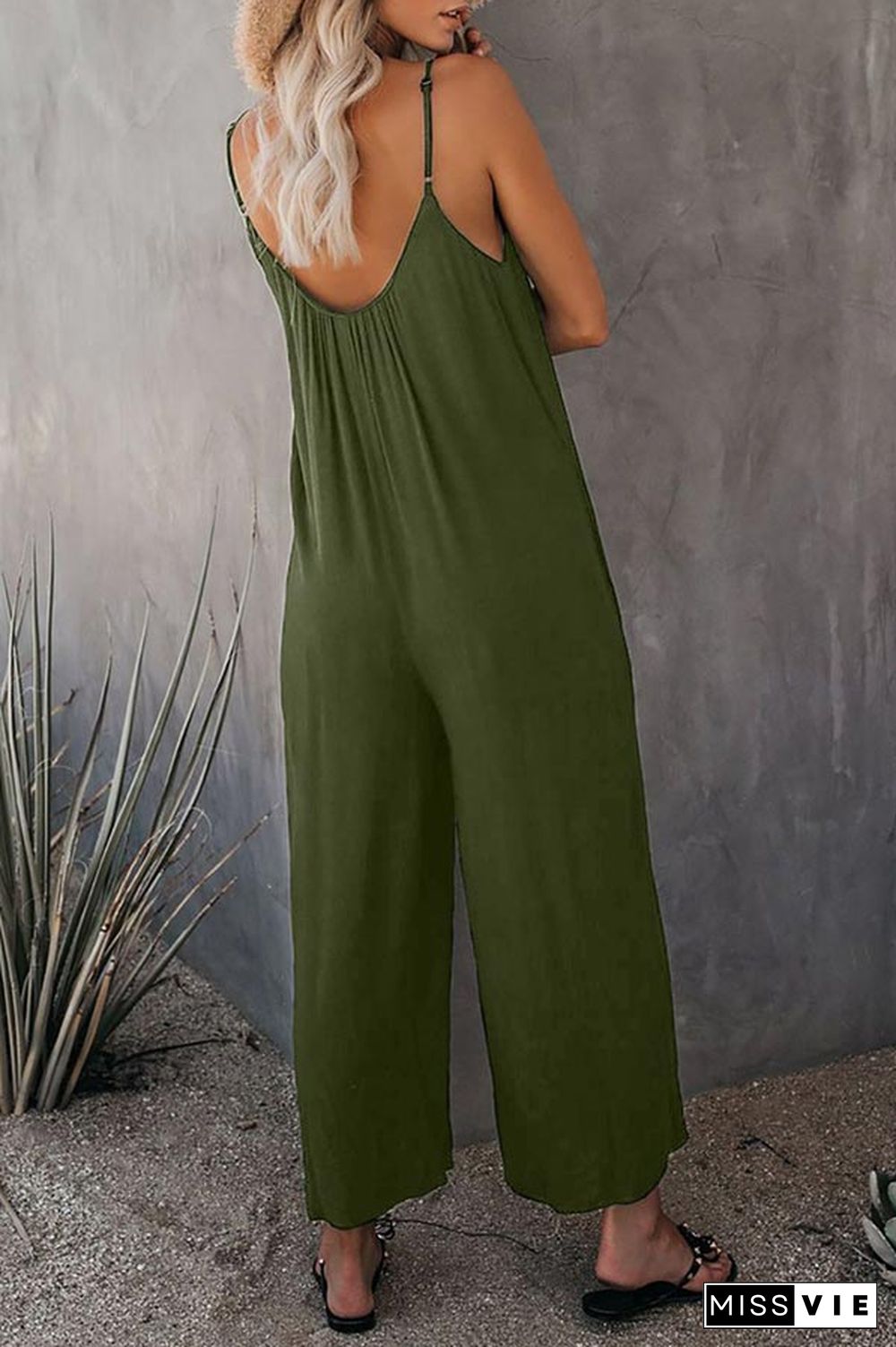 Casual Sling Solid Color Pocket Jumpsuit