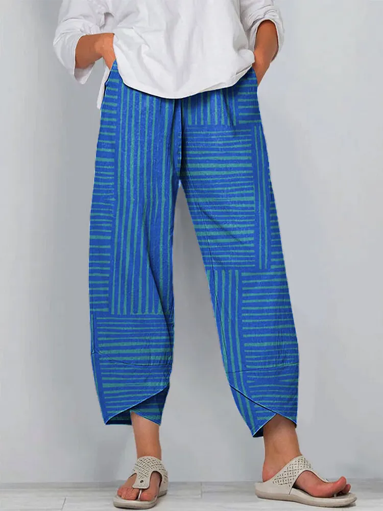 Women's Blue Stripes Art Print Cotton And Linen Casual Pants