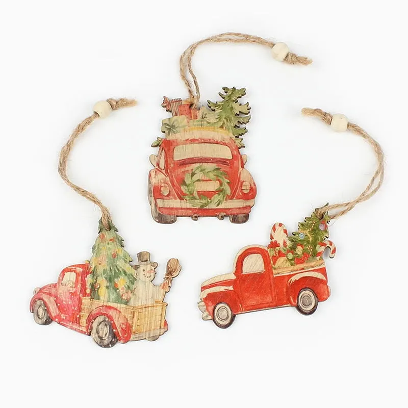 HUADODO 3Pcs Vintage Christmas Truck with tree Ornaments Wooden Christmas decoration for Xmas tree Ornament Party Kids gift