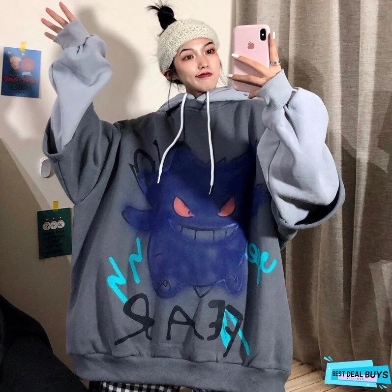 Christmas Gift QWEEK Harajuku Hoodie Women Print Pullover Korean Oversized Sweatshirt Long Sleeve Hoodies Grunge Hoodie Halloween Monster Chic
