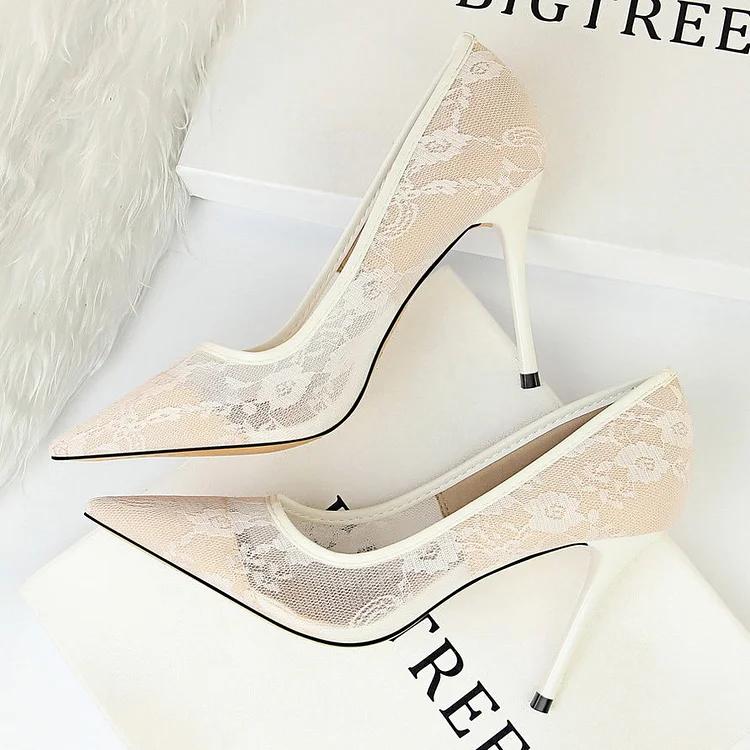 Europe and America sexy slim high-heeled shoes women's shoes stiletto heels shallow pointed mesh hollow lace shoes QueenFunky