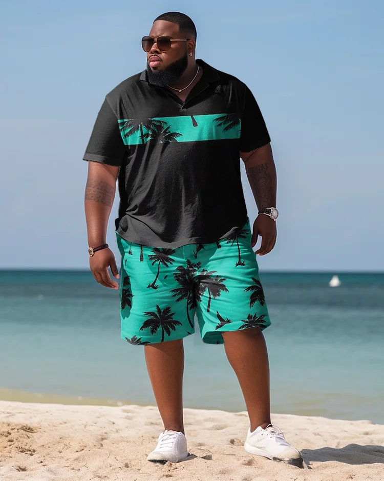 Men's Plus Size Hawaiian Art Coconut Color Block Shirt And Shorts Two-Piece Set