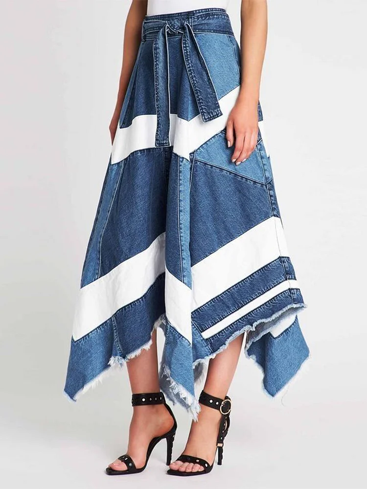 Ursime Fashion Knot Waist Irregular Hem Patchwork Denim Skirt