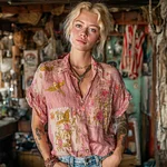 Retro Japanese Floral And Bird Art Pink Linen Shawl Collar Cardigan Short Sleeve Top - Image 2