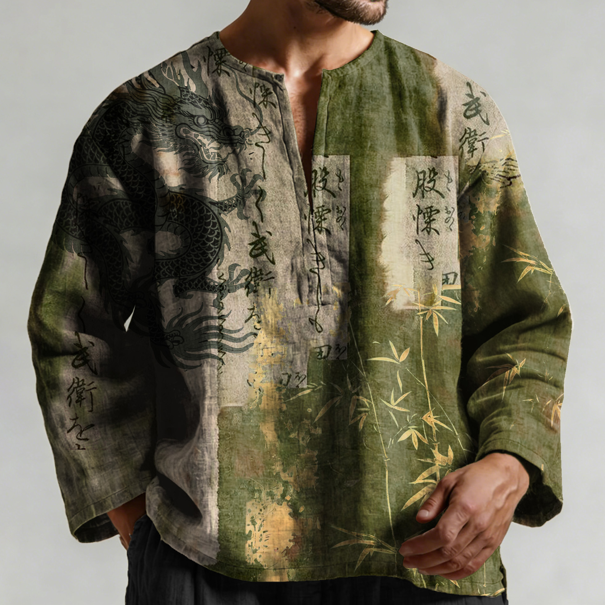 Retro Calligraphy With Bamboo Dragon Art Pattern Long Sleeve Linen Shirt  artssus