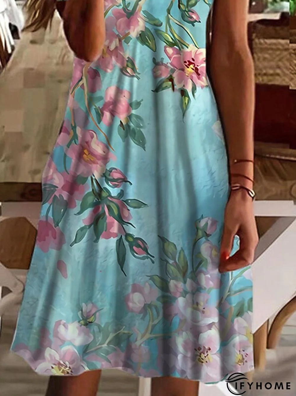 Floral Casual V Neck Short Sleeve A-line Dress | IFYHOME