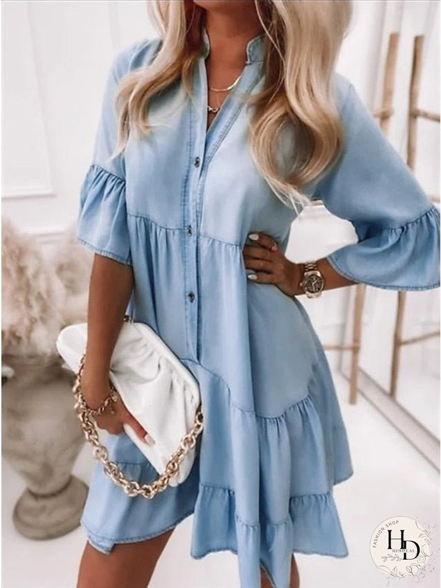 Denim Dress Casual Dress Denim Shirt Dress Midi Dress Denim Casual Outdoor Daily Vacation V Neck Button Half Sleeve Summer Spring Fall Loose Fit Light Blue Pure Color S M L XL XXL for Women