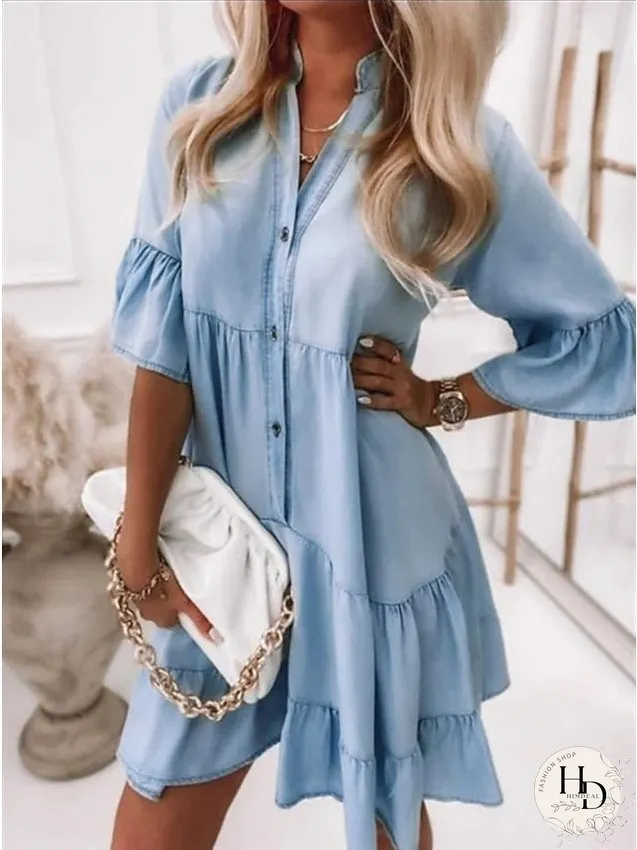 Denim Dress Casual Dress Denim Shirt Dress Midi Dress Denim Casual Outdoor Daily Vacation V Neck Button Half Sleeve Summer Spring Fall Loose Fit Light Blue Pure Color S M L XL XXL for Women