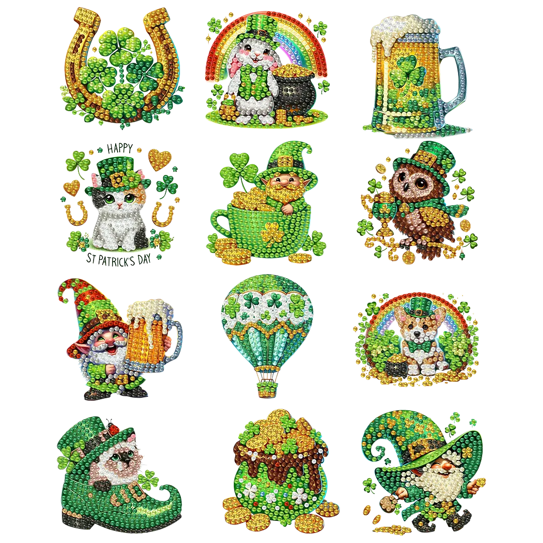 12Pcs Happy St Patricks Day DIY Diamond Art Fridge Magnet Refrigerator Sticker Diamond Art Stickers Refrigerator Painting Kits for Beginners Adults DIY Craft Gifts Home Decors