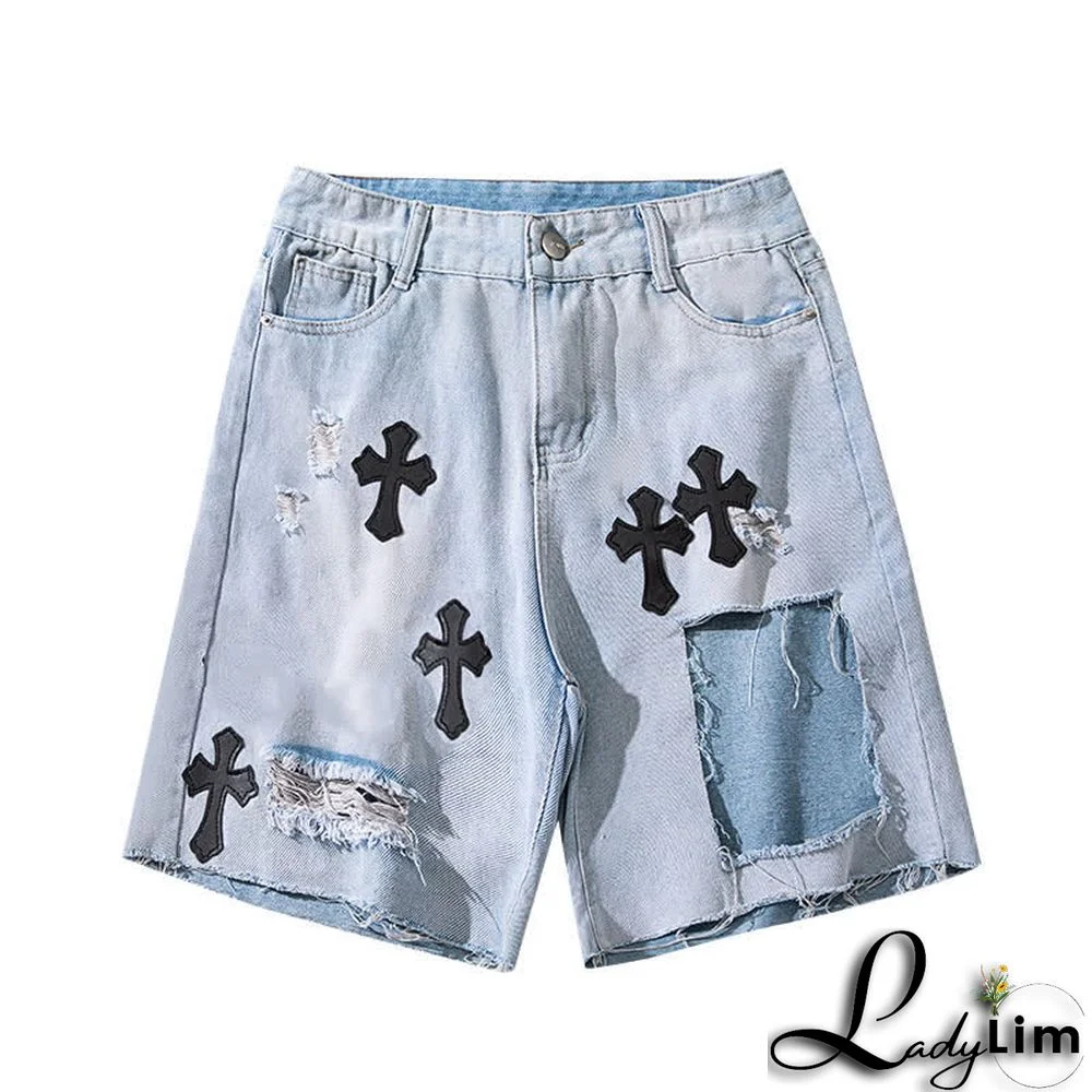 Cross Embroidery High Waist Ripped Denim Shorts