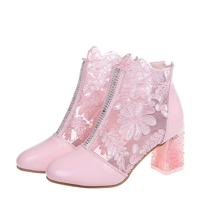 2021 New Woman Mesh Black Ankle Boots for Women Summer Square Heels Boots Sandal Ladies Round Toe Lace Boots