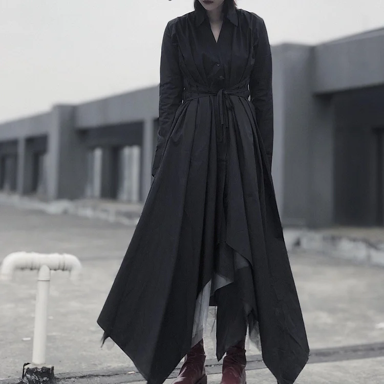 Women Black Tunic Pattern V Neck Asymmetric Robe Spring Dress