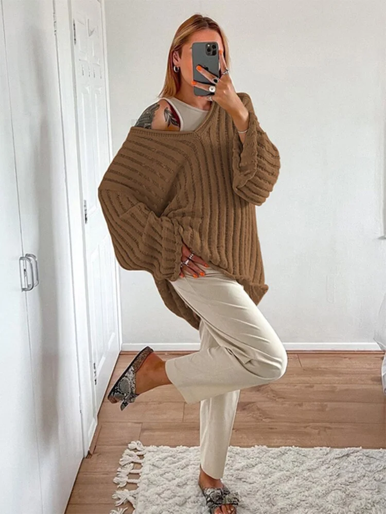Vstacam Winter 2022 Y2k Long Sleeve Loose Sweater Women Sexy V Neck Mini Dress Orange Hollow Out Casual Knit Pullover Tops
