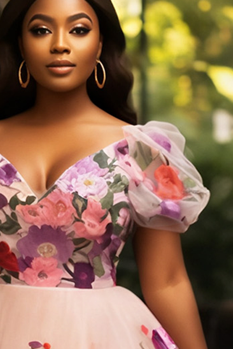Xpluswear Design Plus Size Wedding Guest Pink Floral V Neck Puff Sleeve Short Sleeve Tulle Midi Dresses