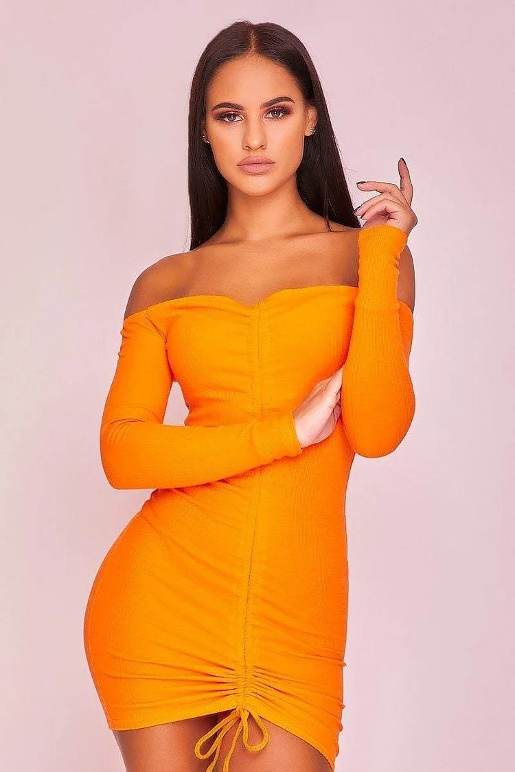 Orange  Ruched Off The Shoulder Dress Katch Me