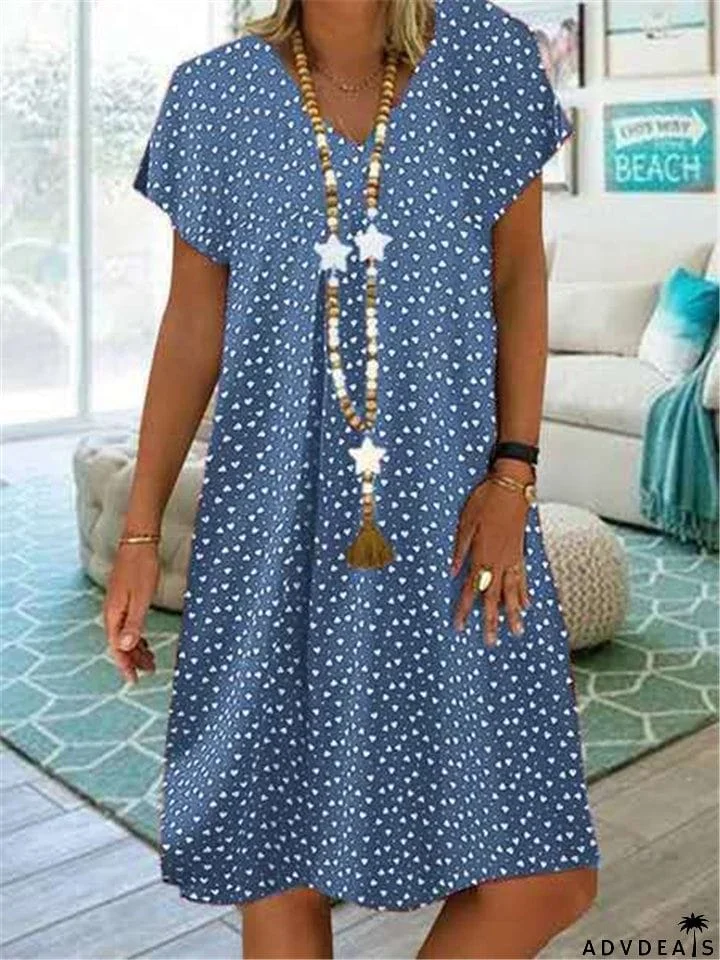 Laid-Back Style V Neck All-Over Polka Dot Print Pullover Mid-Length Dress