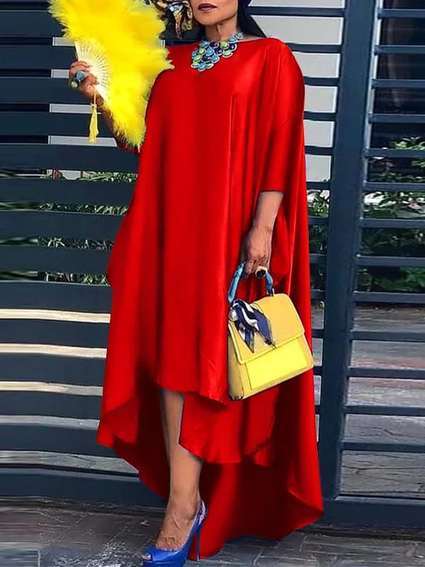 High-Low Irregular Clipping Pure Color Round-Neck Maxi Dresses