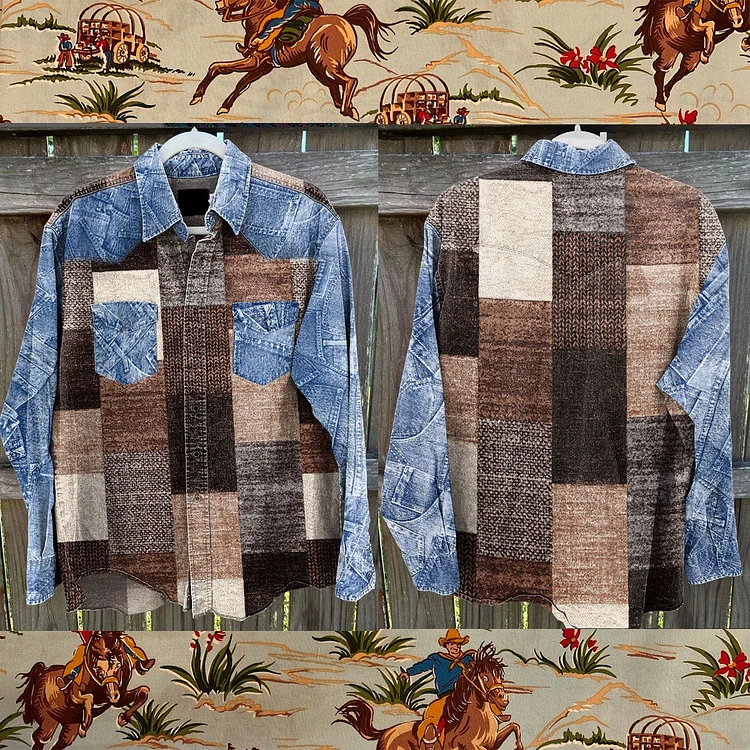 Vintage Wrangler Country Cowboy Patchwork Print Casual Shirt