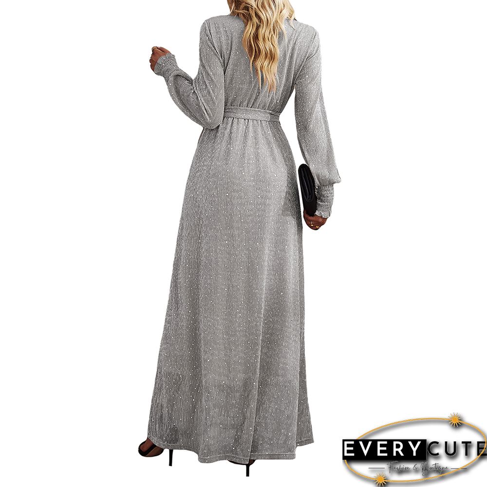 Silver Sequin V Neck High Split Maxi Dress