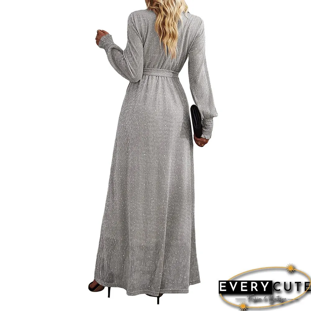 Silver Sequin V Neck High Split Maxi Dress
