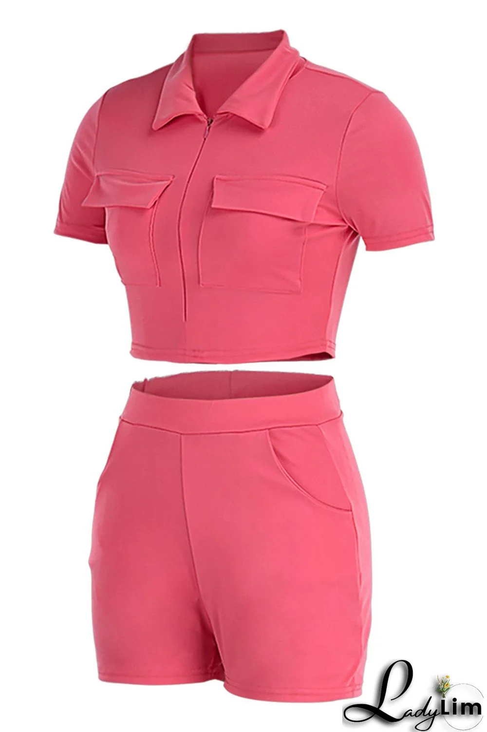 Black Fashion Casual Solid Basic Zipper Collar Short Sleeve Two Pieces