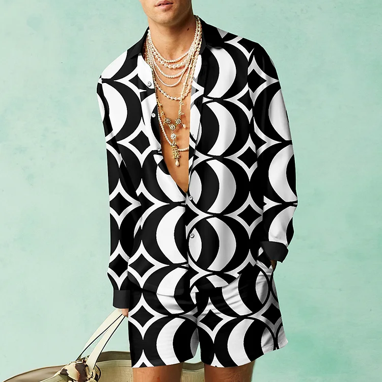 BrosWear Simple Black And White Irregular Geometric Print Shirt And Shorts Co-Ord