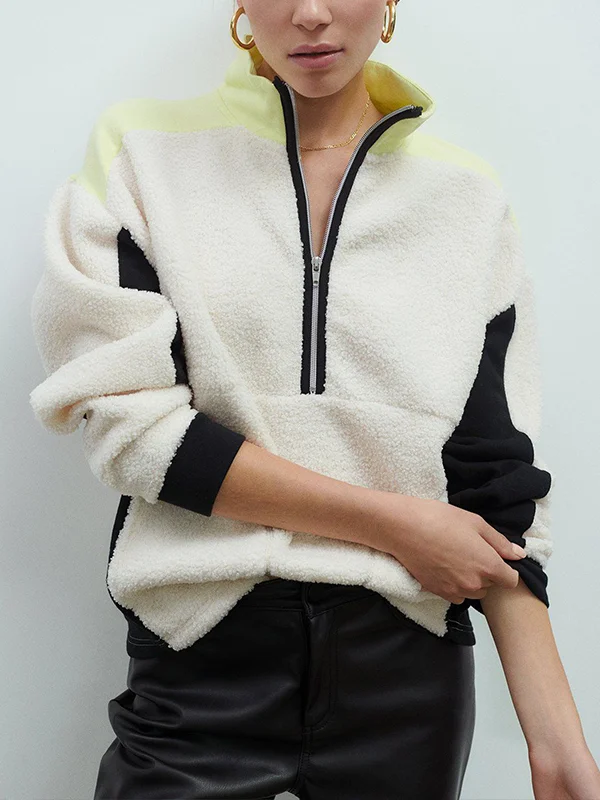 Stand Collar Zipper Contrast Color Long Sleeve Sweatshirt