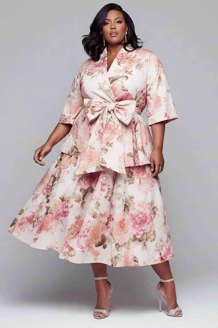 Xpluswear Design Plus Size Wedding Guest Pink Stand-Up Collar Short Sleeve Bow Tie Satin Two Piece Skirt Sets [Pre-Order] 2024 - Xpluswear