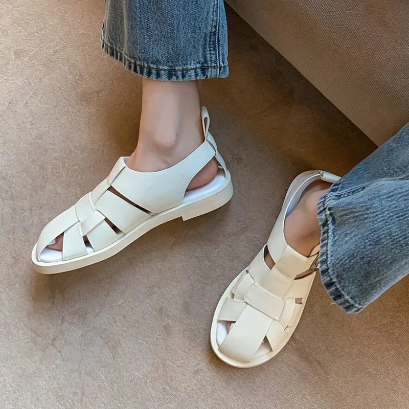 2023 New Women Real Leather Shoes Summer Sandals Buckle Strap Hollow Out Beach Sandals Cool Ladies Footwear Size 34-41