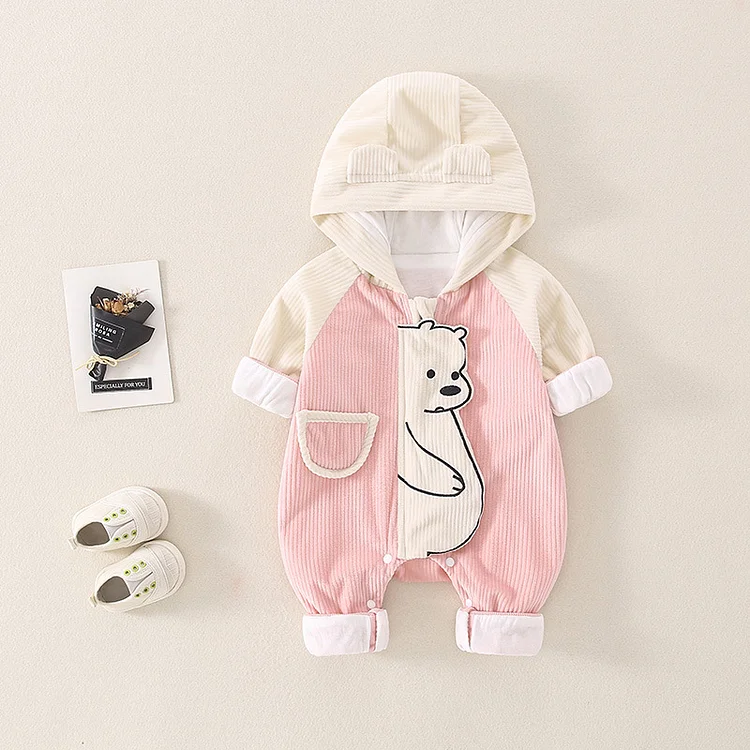 Baby Boy/Girl Bear Patch Ribbed Block Color Hooded Long Sleeve Romper