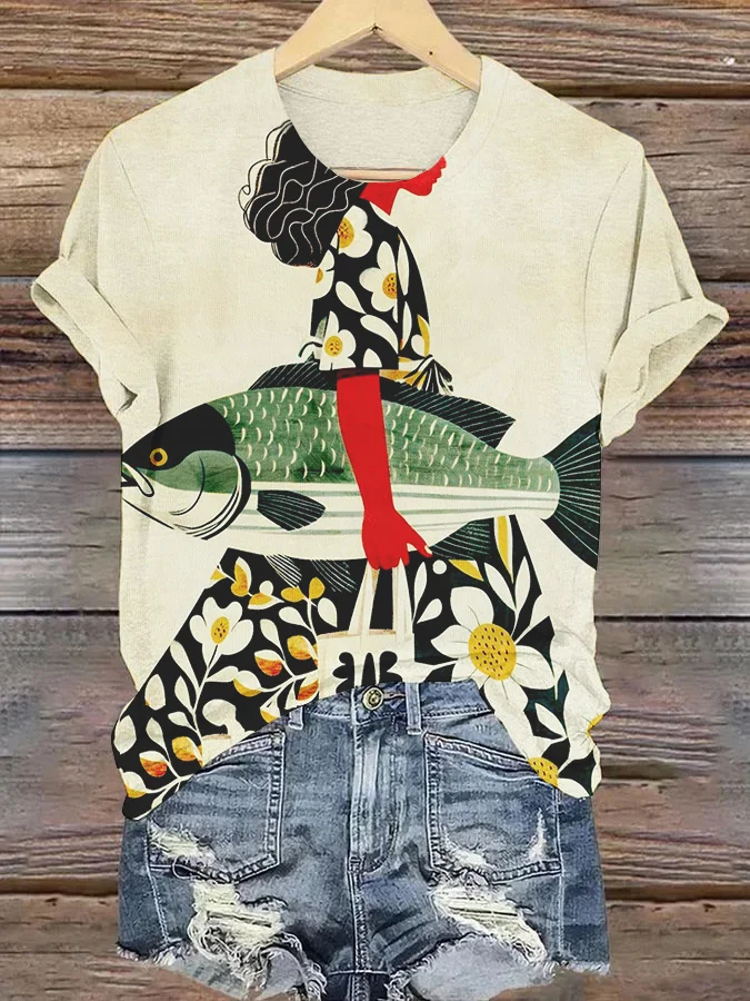 Women's Abstract Art Fish Girl Print Casual T-Shirt