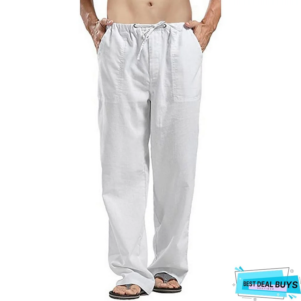 Men's Linen Pants Trousers Summer Pants Beach Pants Wide Leg Plain Breathable Full Length Work Daily Beach Linen / Cotton Blend Fashion Casual Loose Fit Black White